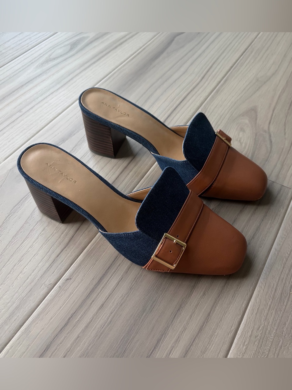 Ann Taylor Brown Leather and Navy Denim Buckle Block Heel Mules